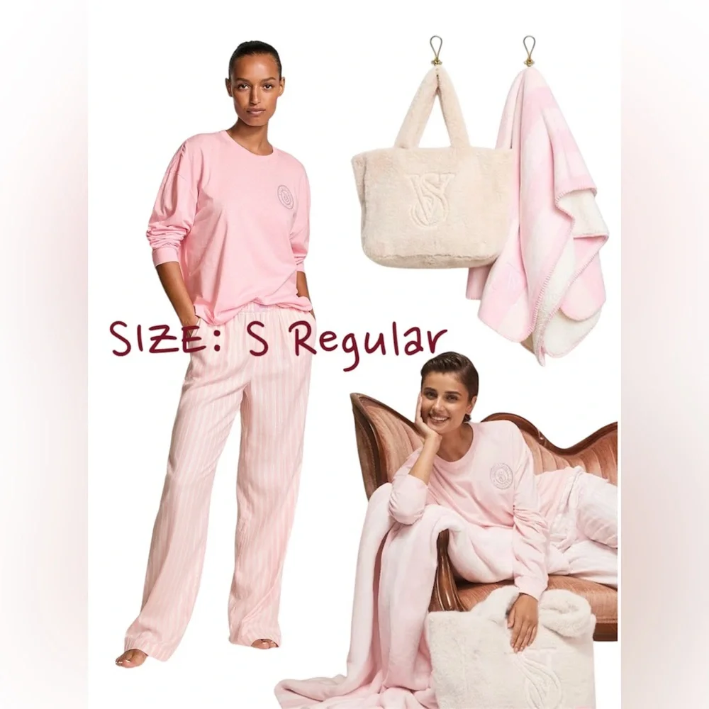 VICTORIA SECRET FAUX FUR TOTE,COZY FLEECE BLANKET,T-JAMA WITH PINK STRIPE - Picture 1 of 12